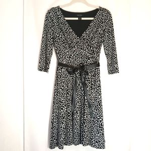 🎁WHBM Black w/ White Dot 3/4 Sleeves Surplus Faux Wrap Top, A-line Belted Dress
